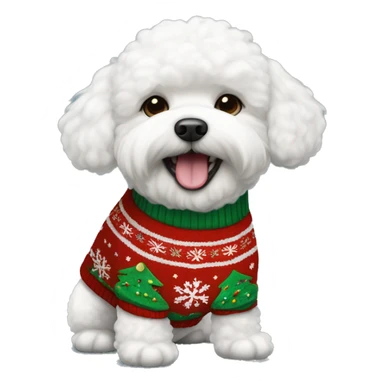 A Bichon Frisee dog wearing a christmas sweater sticker