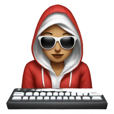 white hacker  girl with keyboard with sun glasses and hood sticker