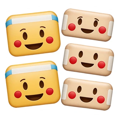 16 different variations of a band aid as and emoji with smiling with teeth, smiling without teeth, crying laughing or sad, mad, sad, tired, censored, funny, glasses, love, serious, with a hat, sticking out tounge, sleeping, injured, and angel Formatted in rows of 4x4 and with a white background sticker