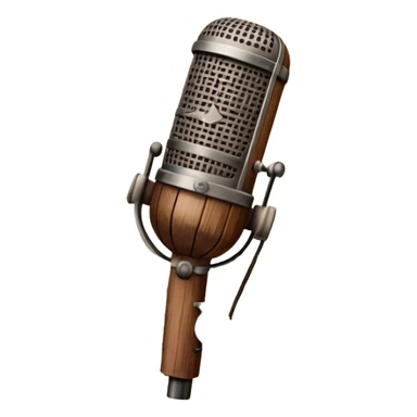 Create a traditional and warm emoji representing folk singing, using a humanless collage. The design should feature a rustic wooden microphone or an old-fashioned folk instrument like a balalaika, gusli, or a domra, placed alongside traditional elements such as a hand-woven scarf or a wooden flute. Include natural, earthy details like wildflowers, musical notes, and rustic textures, evoking the feeling of folk music in its purest form. Use warm, earthy colors like brown, gold, red, and green to create a cozy and organic vibe. The background should be transparent. sticker