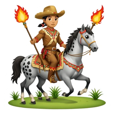 Chief Osceola wearing traditional Seminole garb, riding Appaloosa horse and planting a flaming spear into grass sticker