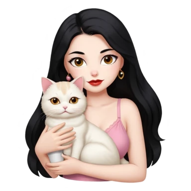 Beautiful Girl Long Hair black, Brows Big , Skin White, bra Pale Pink , Big Red Lips, EyesCoffe , Big hug Little baby Persa Cream Cat With Cute Eyes sticker