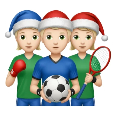 crie a imagem de 3 atletas de modalidades diferentes, usando elementos esportivos, como por exemplo bola, raquete, luvas de luta... e usando um chápeu de papai noel das cores verde e azul. sticker