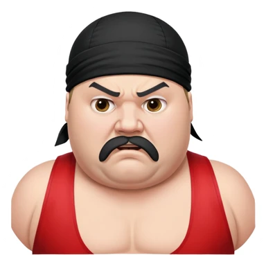 Extreme close-up of face of morbidly obese white skin guy with young face, prominent BLACK DURAG tied clearly on head, black beard but no mustache, clean shaven upper lip, black eyes in a red and black wrestling singlet with angry expression sticker