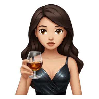 Beautiful woman in 1950’s woman fashion look, black shimmery dress, long dark brown hair, whisky with ice sticker