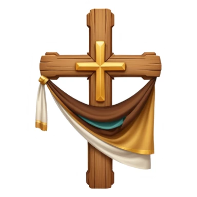 Cross made of wood, the top of the tip of the cross, a golden cross, and a white cloth hanging over the two arms of the cross sticker