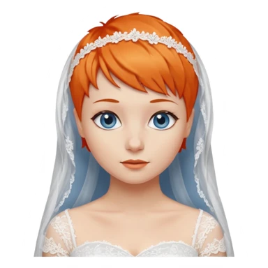 27 year old woman, orange hair, pixie cut, blue eyes, wedding dress sticker
