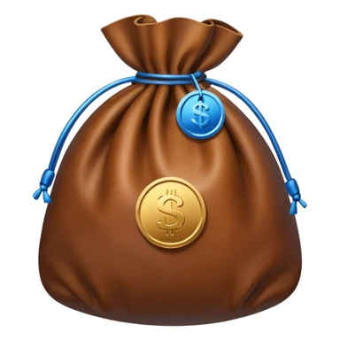 brown money bag with a blue coin  sticker