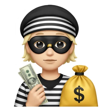 Realistic ios emoji-style portrait of a classic burglar, a black eye mask and a black-and-white striped shirt. emoji-like hair, black hat, a bag of money 💰 with a dollar sign in a right corner, mean expression  sticker
