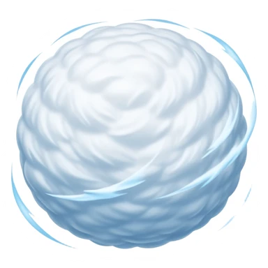 round fluffy snowball flying through the air with a soft white and light blue smooth flowing trail resembling motion blur or wind streaks, soft powdery texture, slightly irregular shape, cold and light, modern iOS emoji style, clean minimal design, soft shadows, subtle highlights sticker