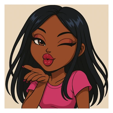 Make her wink while blowing a kiss, headshot only, keep her as a 20-year-old anime Bratz style woman with dark skin, dark hair, bold colorful fashion-forward look, big expressive eyes, glossy lips, and a happy expression. No tears. sticker