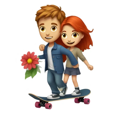 Brown haired boy with blue eyes riding a skateboard giving a red haired girl flowers  sticker
