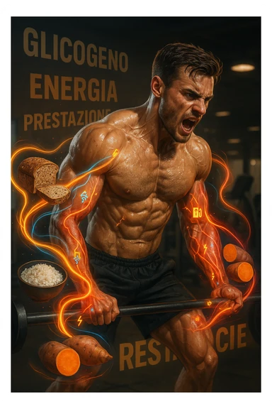Uomo atletico di circa 30 anni durante un allenamento intenso in palestra, con muscoli ben definiti e sudati. Intorno a lui si visualizzano flussi energetici colorati che partono da fonti di carboidrati (pane integrale, riso, patate dolci) e si dirigono verso i suoi muscoli. I muscoli appaiono attivi, tesi e in pieno sforzo, con piccoli simboli di 'carburante' o energia che entrano nei tessuti. Espressione concentrata e potente. Sullo sfondo, parole come 'glicogeno', 'energia', 'prestazione'. Atmosfera dinamica, intensa e positiva. in italiano sticker