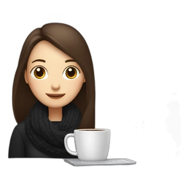 eyes closed smiling woman with pale skin middle dark brown long straight hair with a laptop and a large coffee mug wearing a black woolly shirt and a black woolly scarf sticker
