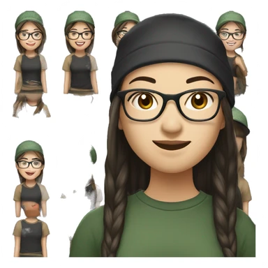 Hyper realistic, look from side, asian adult woman, light white skin, smiling with teeth, black eyes, spotted frame glasses, long light brown straight hair, black T-shirt, dark green cap. sticker