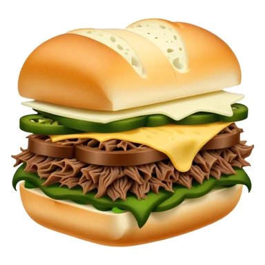 Chicago Italian cheesy beef sandwich. Italian bread, shredded beef, white provolone cheese, green peppers. sticker