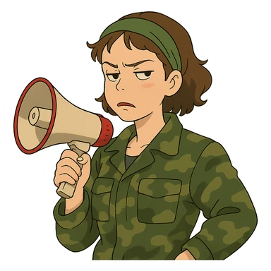 ghibli style woman with green headband, camo jacket, holding a megaphone, disdainful expression sticker