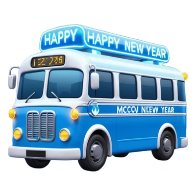 3D emoji of a modern blue
Moscow Electrobus decorated with glowing neon Christmas lights and a
"Happy New Year" digital sign on the front. Stylized 3D model, glossy finish, cute proportions, vibrant blue color, isolated on a white background. sticker
