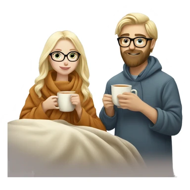 Pale blonde girl wearing glasses drinking tea under blanket with bearded brunette man sticker