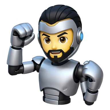 AI robotic fighter emoji, metallic face, punching glove, cyber glow, trimmed beard, medium-length black hair, short sides, hair forward. sticker