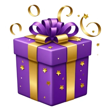 Purple and gold present with the lid off and glitter confetti sticker