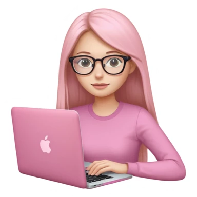 Mujer lacia peli larga y peli larga  en una MacBook rosa investigando y haciendo tareas con un libro de apuntes y con cara muy linda como modelo sticker