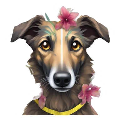  brindle brown black maroon striped lurcher Alsatian fox running blue eyes and iridescent holographic oilslick harness wearing paper iridescent tropical flower crown yellow caution tape sticker