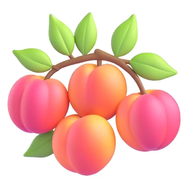 Edit the image to depict a branch with four pink peaches and pale leaves in a shiny and glossy 3D iOS emoji style on a transparent background. sticker