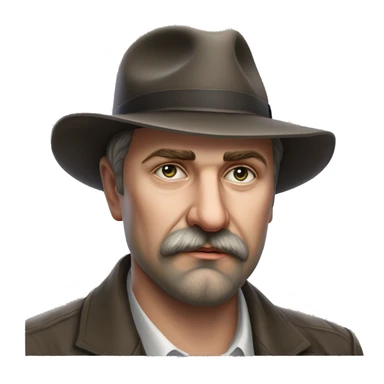 Russian writer Alexander Kuprin Photorealism A plump serious man of Slavic appearance with Small eyes with goatee beard and mustache, with a  short haircut, big detailed face, wrinkled face, wearing a fedora hat sticker