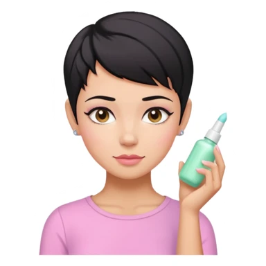 tan girl pink shirt with black hair & a pixie, cut no earrings, doing pastel colors skin care sticker