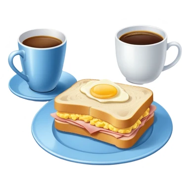 a blue breakfast plate, a sandwich with ham and scrambled eggs and a cup of white coffee sticker