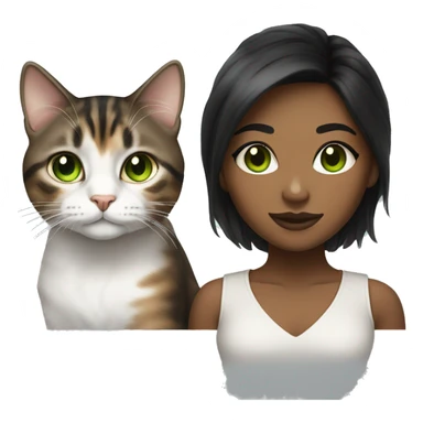 Young black woman brown eyes and black hair with a white and brown tabby cat with green eyes sticker
