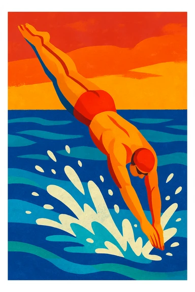 A swimmer diving into water, with splashes, vibrant painterly style sticker