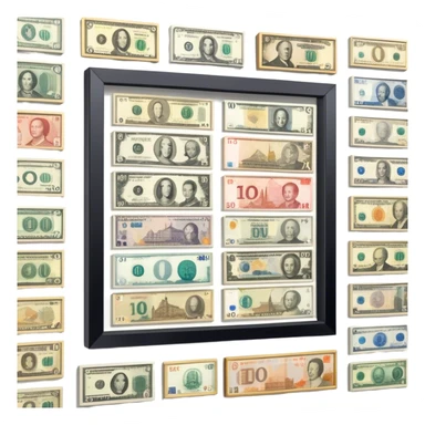 Icon for Banknote Collecting: old and new banknotes from different countries such as Euro, Dollar, Yen, Krona, Yuan, and others, displayed in frames on a wall. The icon should evoke the diversity and richness of currency collection. Transparent background. sticker
