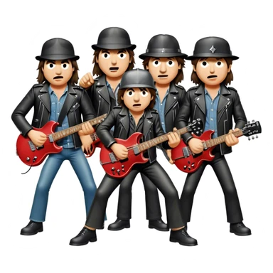 Cinematic Realistic AC/DC Band Emoji, depicted as a high-energy rock ensemble with electrifying stage presence and gritty textures, rendered with bold vibrant lighting that captures the raw power and rebellious spirit of their music. sticker