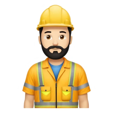 Man in yellow hi vis overalls, with black hair and full beard and no hat sticker