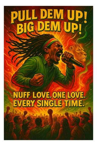 A vibrant reggae-inspired poster scene featuring Anthony B in full performance energy — dreadlocks flying, mic in hand, mid shout, pulling up the riddim. The background is a glowing fusion of red, gold, and green flames with lion imagery and subtle cosmic light trails. Around him, the words “Pull Dem Up! Big Dem Up!” explode like soundwaves. Below, a crowd of diverse viewers is shown. In bold text across the bottom: “Nuff Love. One Love. Every Single Time.” sticker