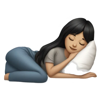 Woman pale skin black hair with bangs sleeping in bed with pillow, white woman sticker