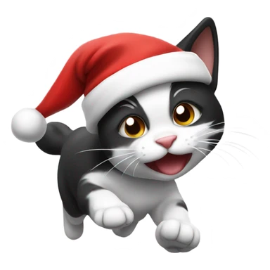 Running black and white cat wearing a Santa hat  sticker