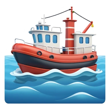 A 3D cartoon tugboat towing another boat on calm blue water, soft waves, clear sky, Memoji-style. sticker