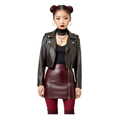 Apple emoji style. Full-body East Asian woman with a single sleek bun below the ears. Oversized hip-length black leather jacket, black turtleneck, silver Vivienne Westwood orb necklace. Low-waist A-line burgundy leather skirt, burgundy tights, red long boots. sticker