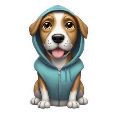 Dog wearing hoodie with Protien shake sticker