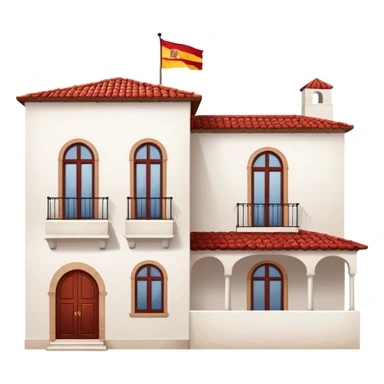 White stucco Spanish villa with red clay tile roof, arched windows, with Spanish flag (red-yellow-red horizontal stripes) hanging from the balcony sticker