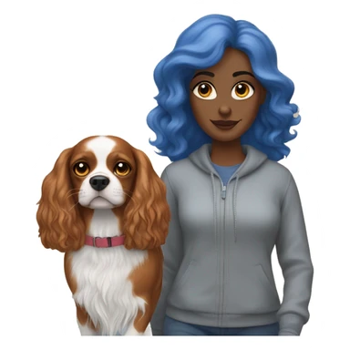 A white woman with blue eyes walks with a cavalier King Charles spaniel sticker