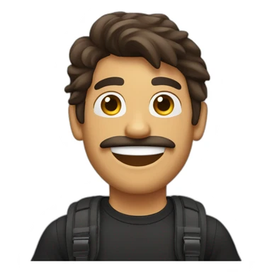 A stereotypical Portuguese young man waving with a big smile, a mustache, a bit of beard on the chin and a brown mullet (shaved on the sides), wearing a black t-shirt and a chest bag sticker