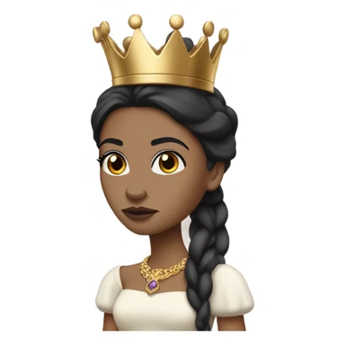 Queen with light skin, long black hair,  mauve lips, skinny gold crown, white dress, and blank stare. sticker