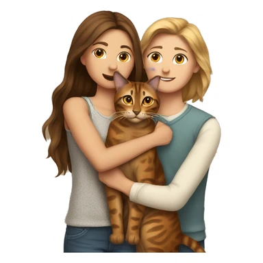 A man hugs a long brown-haired skinny hot woman and a bengal cat sticker