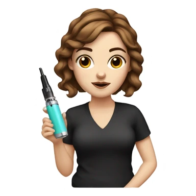 White girl with short brown hair and black eyes holding a vape sticker