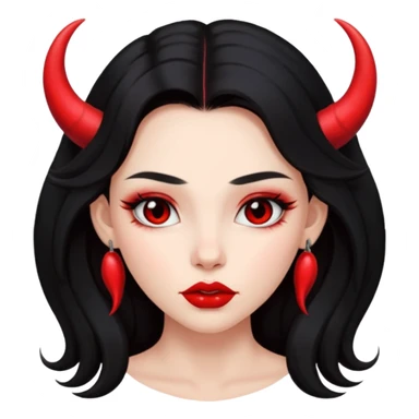 A skin red girl's face with cheekbones, long black hair, small red horns, big lips sticker