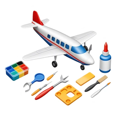 photorealistic icon featuring model-building tools like glue, paint, paintbrushes, pieces of a plastic model airplane in the process of being assembled. The design includes detailed textures of the model pieces and tools, capturing the focus and creativity of model building. Transparent background. sticker